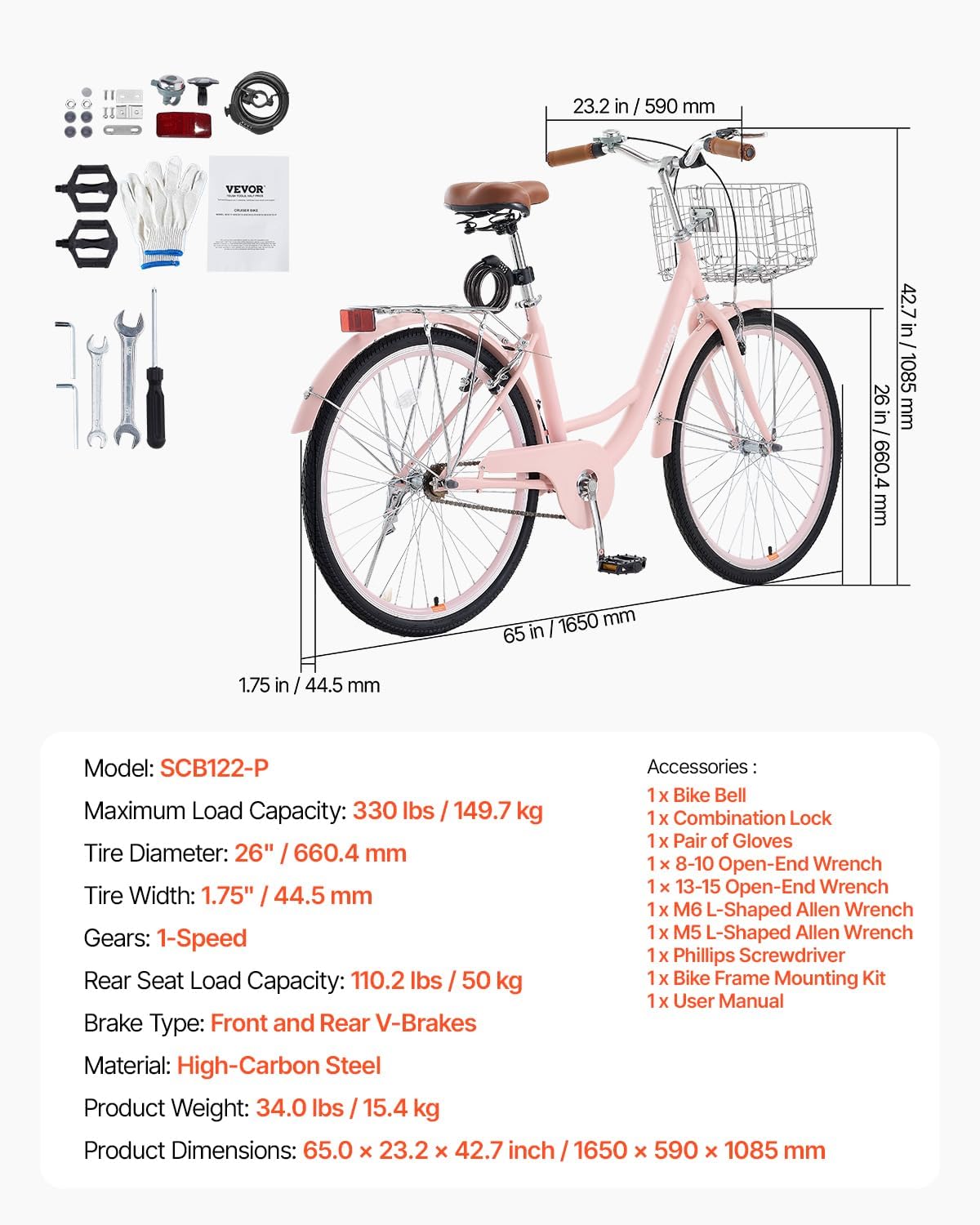 VEVOR Women Bike, 7-Speed and 1-Speed, 24-26 Inch Pink and Light Blue Beach Cruiser Bike, with Large Capacity Basket and Rear Rack, Adjustable Seat, Fits for Cycling, Exercise & Shopping