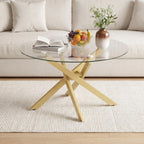 Giantex Round Glass Coffee Table, 31.5" Modern Center Table with Tempered Glass Top & Geometric Metal Frame, Clear Accent Cocktail Table, Small Coffee Table for Living Room, Small Spaces (Gold)