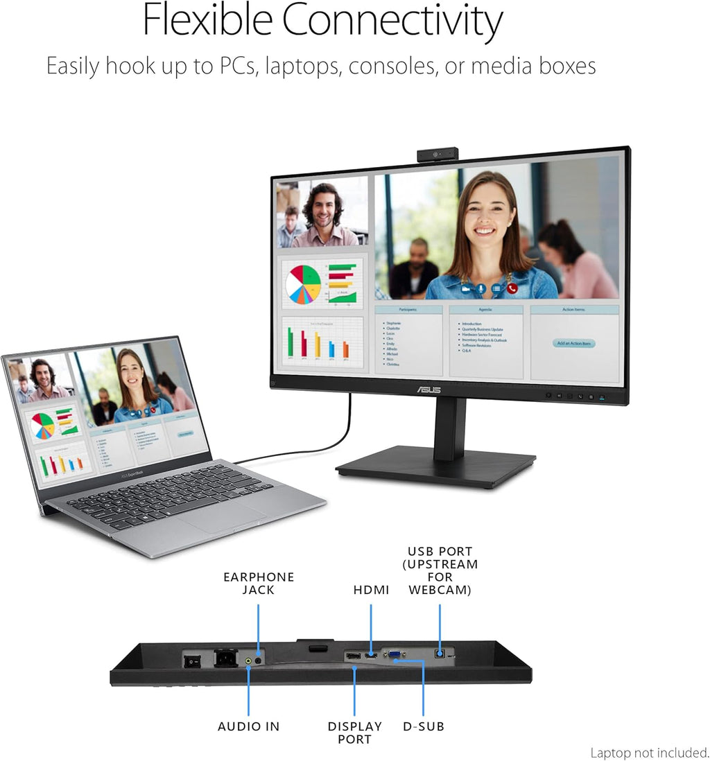 ASUS 27” 1080P Video Conference Monitor (BE279QSK) - Full HD  IPS  Built-in Adjustable 2MP Webcam  Mic Array  Speakers  Eye Care  Wall Mountable  Frameless  HDMI  DisplayPort  VGA  Height Adjustable