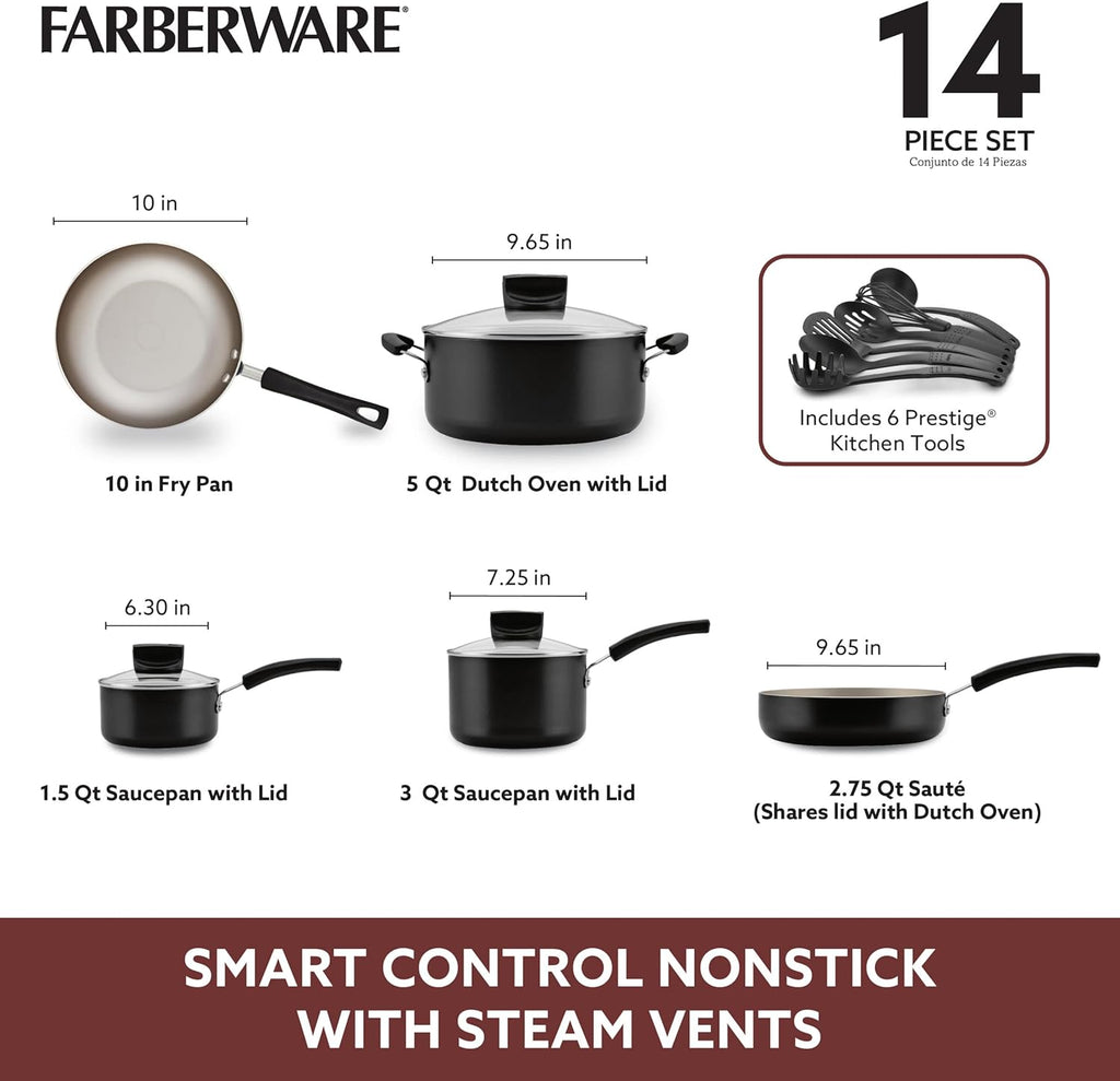 Farberware Smart Control Nonstick Cookware Pots and Pans Set, 14 Piece, Black
