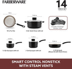 Farberware Smart Control Nonstick Cookware Pots and Pans Set, 14 Piece, Black