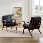 STHOUYN Black Leather Office Accent Chair Set of 2 with Wooden Arms, Comfy Guest Waiting Room Chairs, Mid Century Modern Chair, Side Arm Chairs for Living Room (Black, 2pcs)