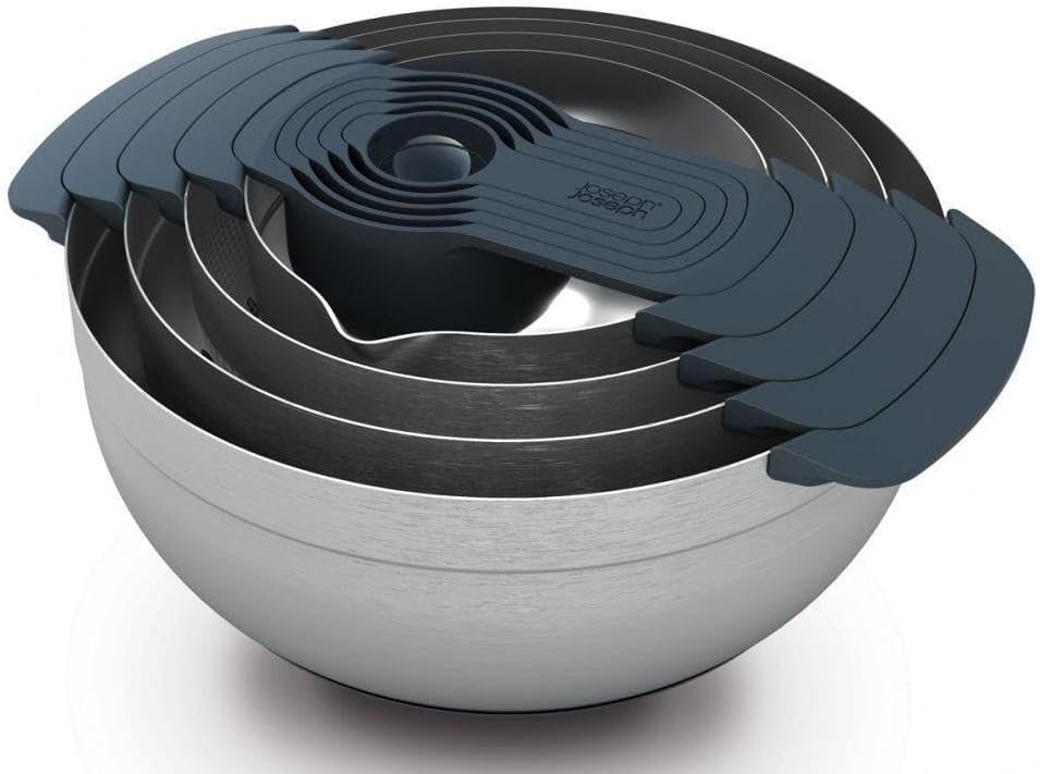 Joseph Joseph Nest 9 Plus, 9 Piece Compact Food Preparation Set with Mixing Bowls, Measuring Cups, Sieve and Colander, Stainless Steel