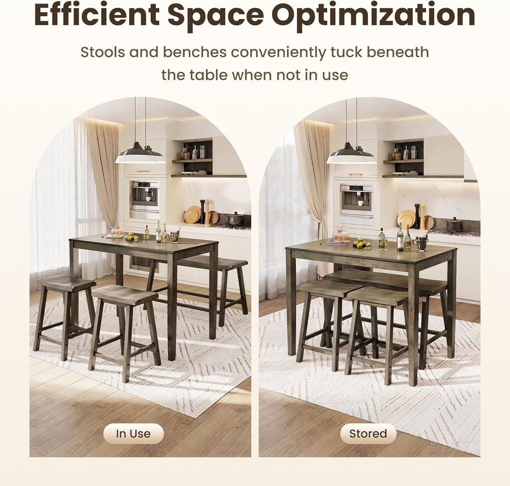 PHI VILLA Farmhouse Dining Table Set for 4 Small Space, Counter Height Table and Chairs with Bench, Rustic Solid Wood High Top Kitchen Table Set for Dining Room and Kitchen, Smoky Brown