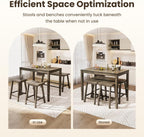PHI VILLA Farmhouse Dining Table Set for 4 Small Space, Counter Height Table and Chairs with Bench, Rustic Solid Wood High Top Kitchen Table Set for Dining Room and Kitchen, Smoky Brown