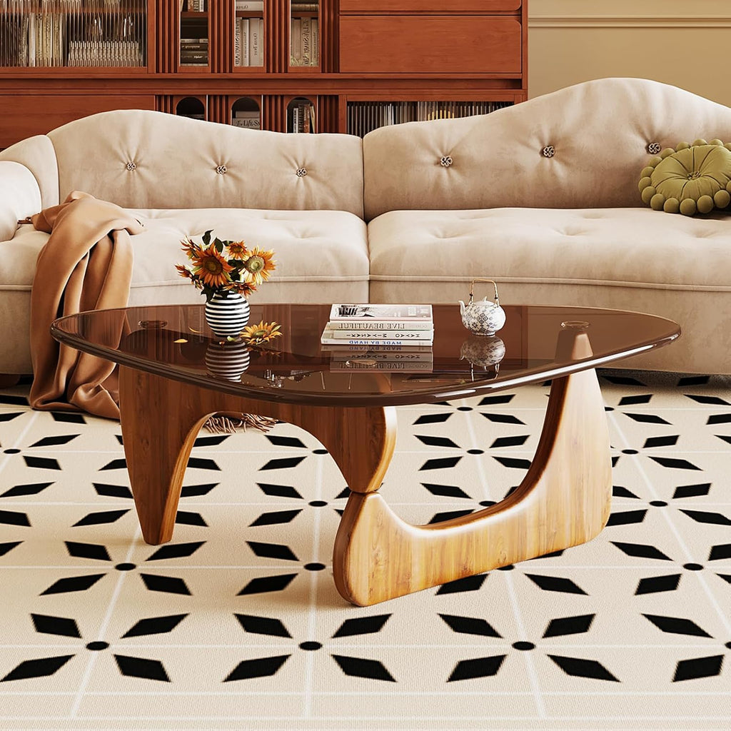 Coffee Table for Living Room Mid Century Modern Center Table with Glass Top and Wood, Brown/Walnut
