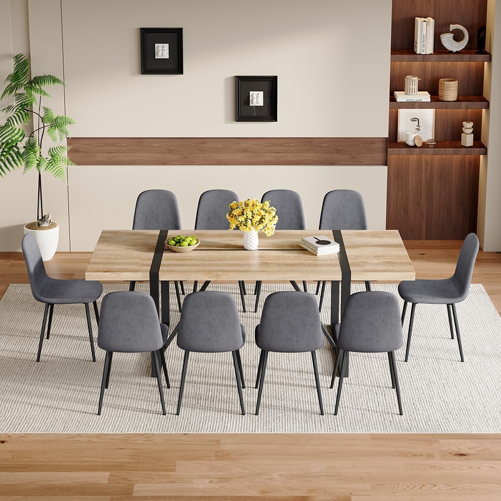 86.6" Dining Table Set for 10, Modern 11 Piece Wood Kitchen Table and Chairs Set, Large Rectangle Dining Table with 10 Linen Fabric Upholstered Chairs, Perfect for Family Gatherings and Dining Room