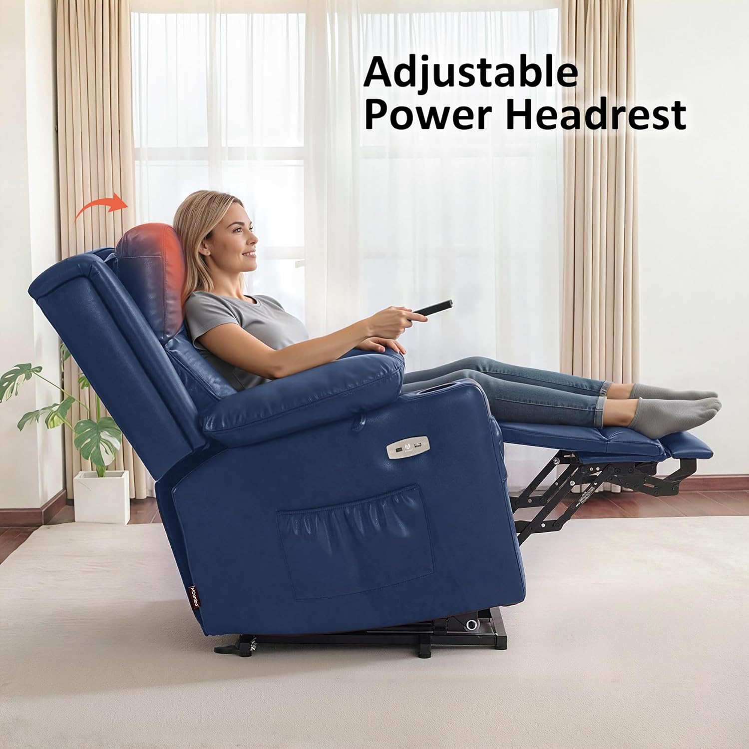 MCombo Lay Flat Triple Motor Power Lift Recliner Chair Sofa with Heat and Massage, Adjustable Headrest for Elderly, Infinite Position, Faux Leather 7661 (Blue, Medium)