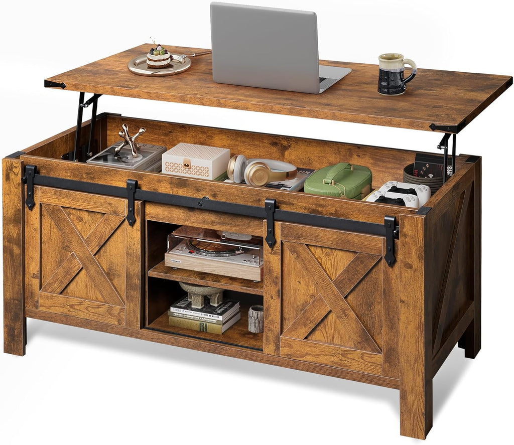 WLIVE 47.3" Farmhouse Lift Top Coffee Table with Sliding Barn Doors, Large Hidden Storage Compartment and Adjustable Shelf for Living Room,Office, Rustic Brown