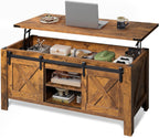 WLIVE 47.3" Farmhouse Lift Top Coffee Table with Sliding Barn Doors, Large Hidden Storage Compartment and Adjustable Shelf for Living Room,Office, Rustic Brown