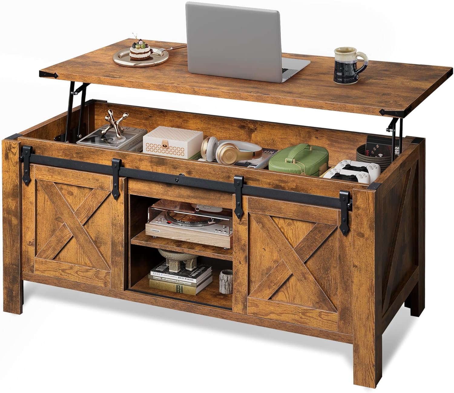 WLIVE 47.3" Farmhouse Lift Top Coffee Table with Sliding Barn Doors, Large Hidden Storage Compartment and Adjustable Shelf for Living Room,Office, Rustic Brown