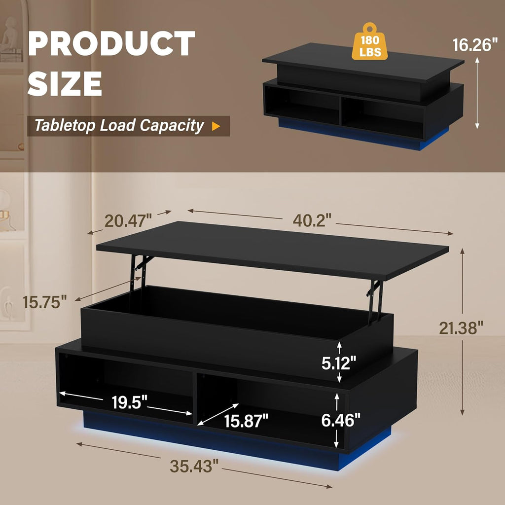 YESHOMY 40" Lift Top Coffee Table with Hidden Storage & Multi-Color LED Lights, Modern Square Wood Table with 4 Open Shelves for Living Room and Small Space, Black