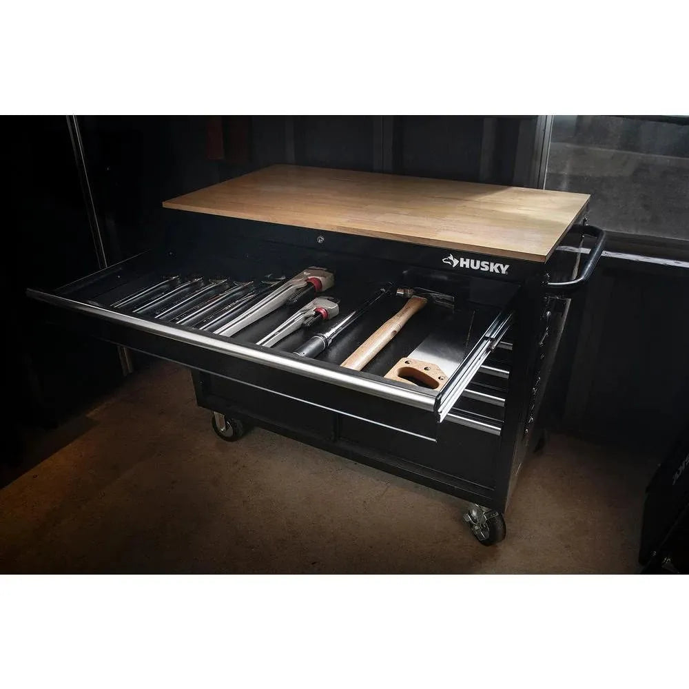46-in W x 24.5-in D 9-Drawer Mobile Workbench with Hardwood Top and Power Station  Gloss Black