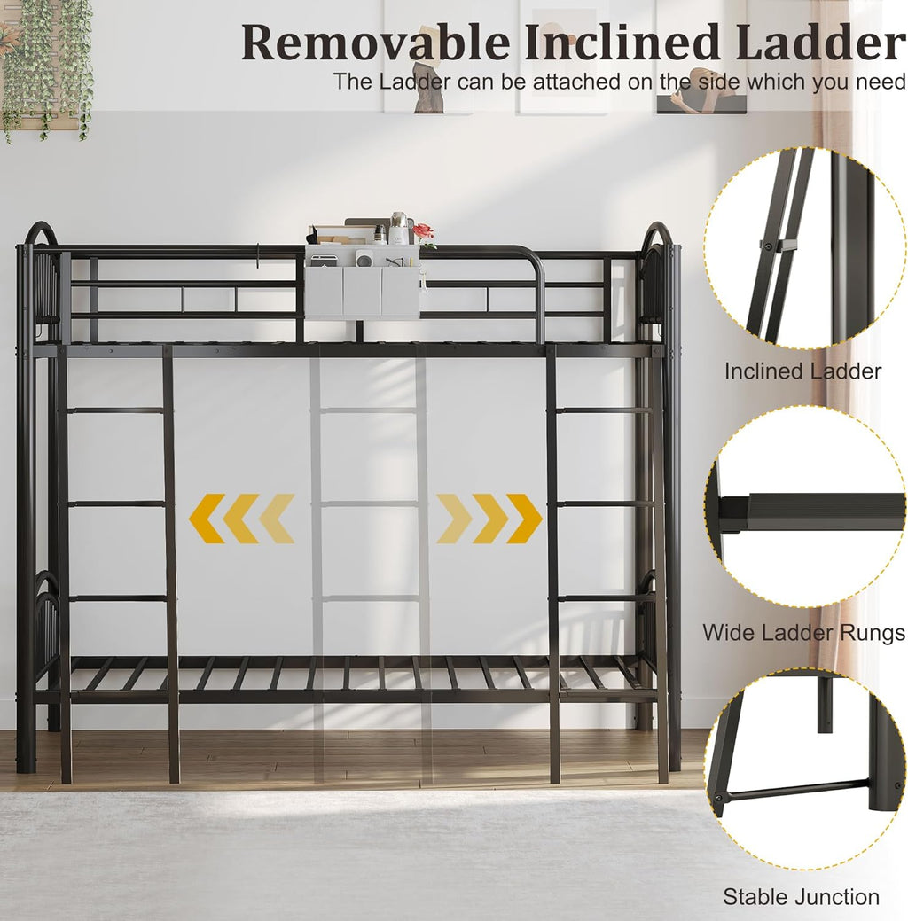 Metal Bunk Bed Twin Over Twin, Heavy Duty Industrial Bunkbeds for Teen with Bedside Caddy, Convertible Ladder & Flat Rungs, Space Saving Bunkbed Frame for Bedroom Dorm, No Box Spring Needed