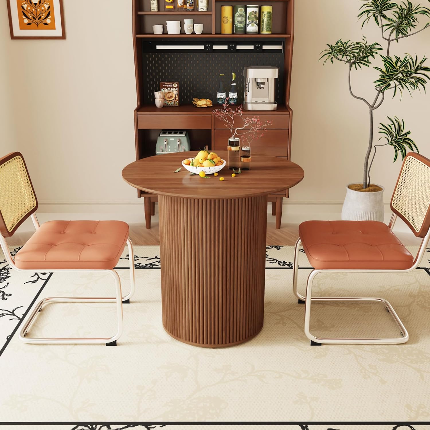 AVZEAR 31.5" Round Dining Table for 2 People, Small Kitchen Dinner Table with Fluted Wood Base, Farmhouse Circle Dining Tables for Home, Kitchen, Dining Room, Living Room (Walnut)