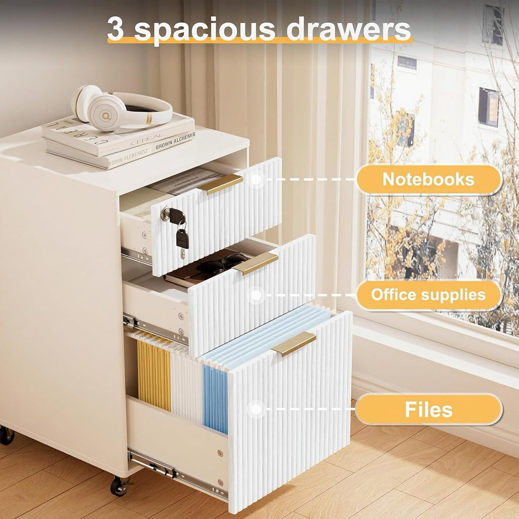 3 Drawers Fluted Mobile File Cabinet with Lock, Rolling File Cabinet Printer Stand Table, Under Desk Wooden Filing Cabinets for Home Office Essentials Storage Organization Furniture Letters/A4(White)
