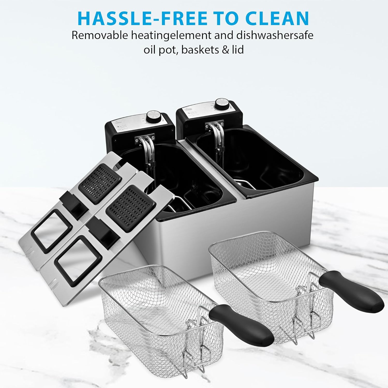 Pukomc Electric Double Deep Fryer with 2 Baskets & Lids, 3L Stainless Steel Removable Double Fryer,Temperature Control,Overheat Protection,3000W