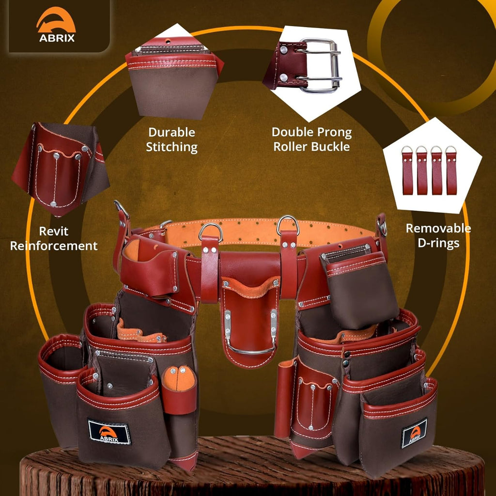 ABRIX Heavy Duty Nylon & Leather Tool Belt for Men Framing Rig Carpenter Tool Belt with Suspender Padded construction belt pauchas construccion (Extra Large, Tool Belt)