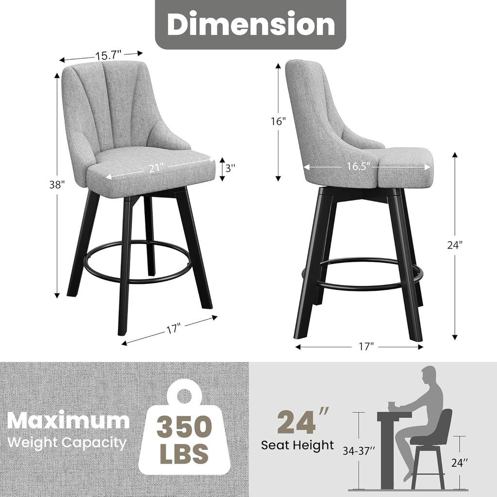 Bar Stools with Backs, 24" Counter Height Bar Stools, Fabric Upholstered Counter Barstools Set of 4 with Solid Wood Legs for Kitchen Island, Home Bar, Light Gray