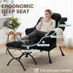 Welnow Lazy Chair with Ottoman, Modern Accent Chair with Armrests and a Side Pocket, Leisure Sofa Armchair Set, Reading Armchair with Footrest for Small Space, Black