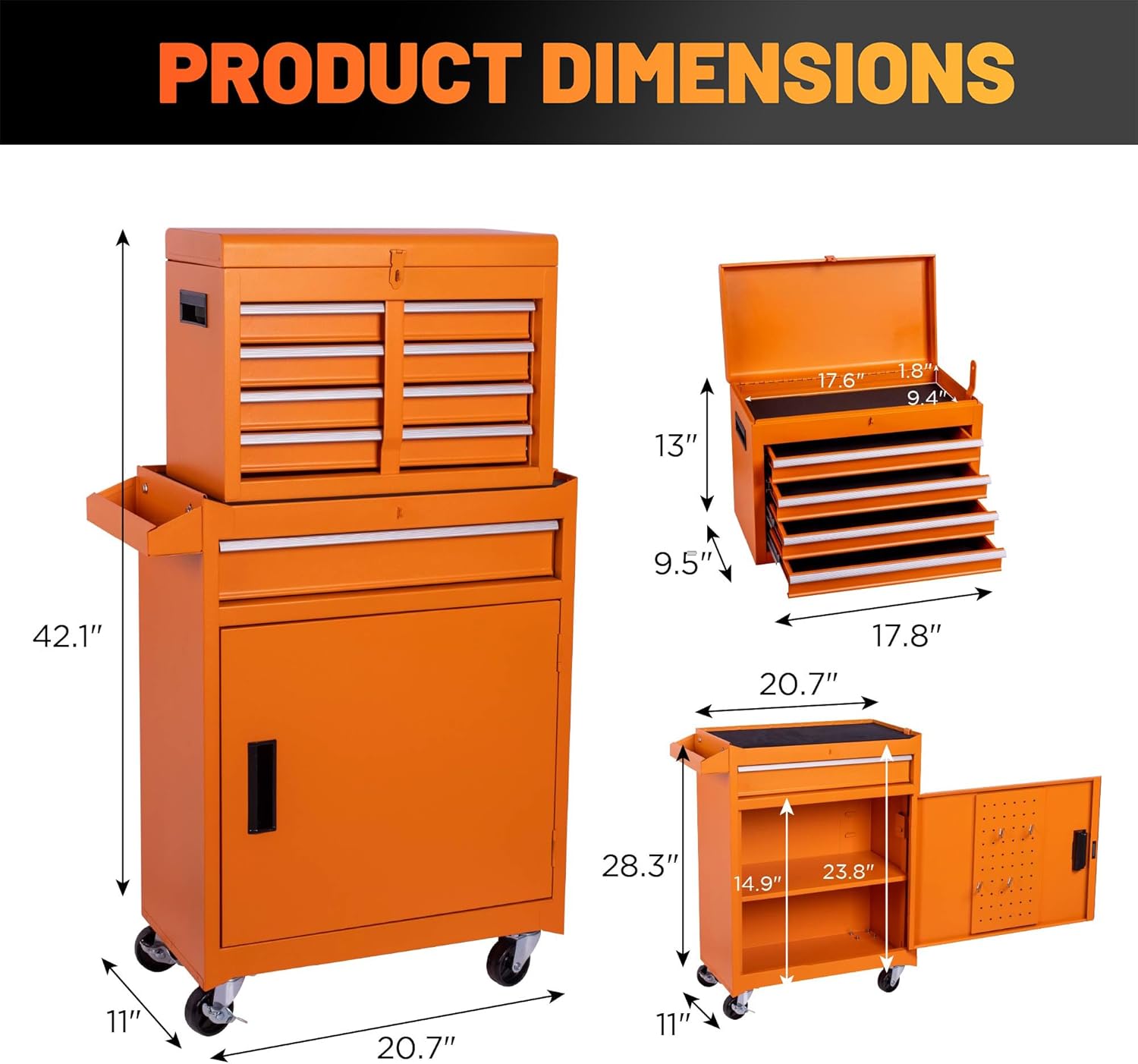 5 Drawers Tool Cart on Wheels with 1 Cabinet, Multifunctional Removable Rolling Tool Box Storage Set, Tool Trolley Organizer Tool Chest for Garage,Repair Shop,Warehouse,Workshop (Orange)