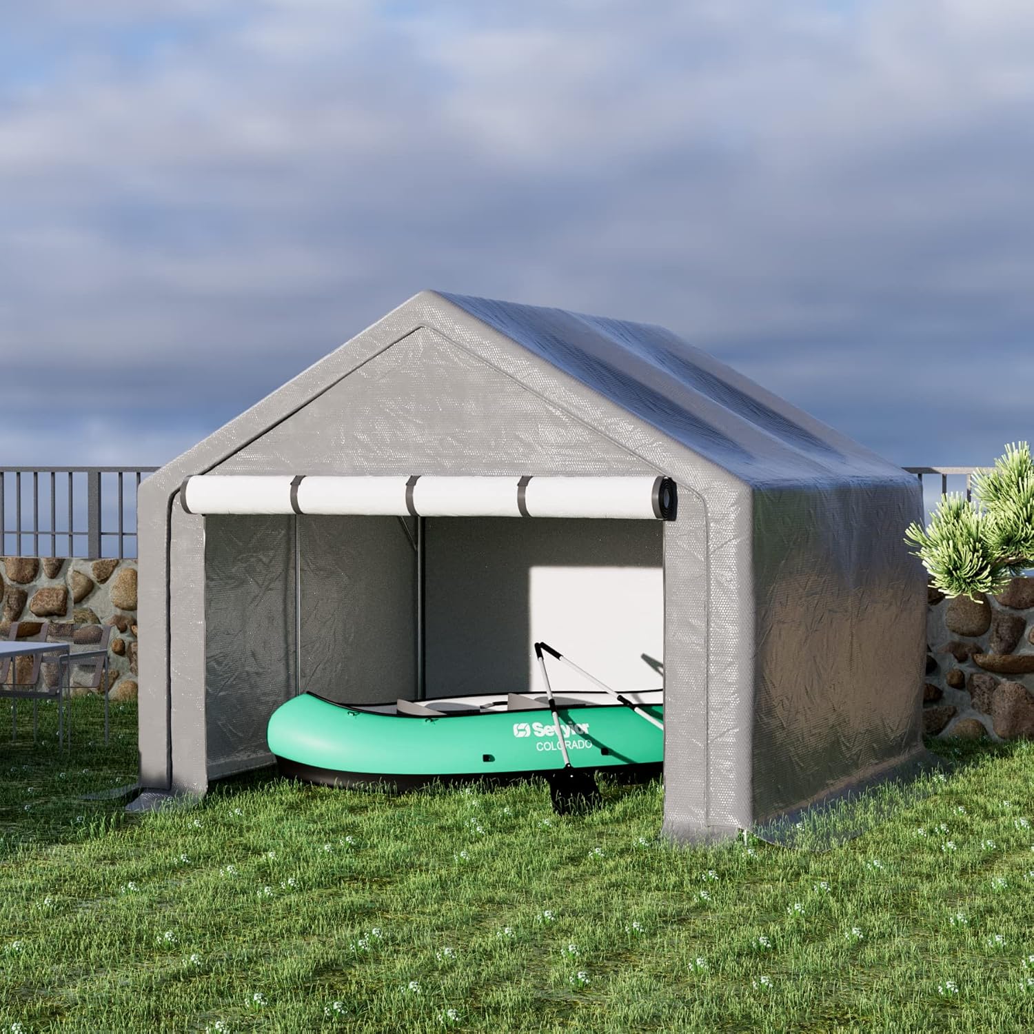 8x8 ft Outdoor Storage Shelter with Zipper Door, Portable Garages Shelters, Waterproof and UV Resistant Carport Shed for Bicycle, Motorcycle ATV, Lawn Mowers (8x8 FT)