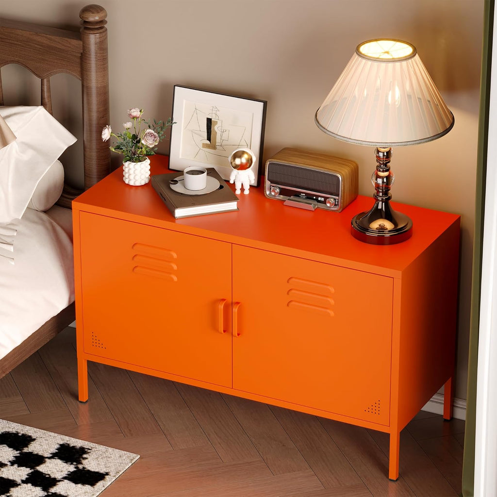 Orange Metal Storage Cabinet with 2 Doors and Adjustable Shelves, Multipurpose Metal Locker Accent Cabinet, 25" H TV Stand, Media Cabinet for Home, Office, Living Room,Kitchen, Music Studio