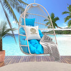 Hanging Egg Chair with Pillow, HDPE Rattan Foldable Swing Chair with Aluminum Frame & UV Resistant Cushion, Hammock Egg Basket Without Stand for Indoor Outdoor, 350Lbs Capacity (Blue Cushion)