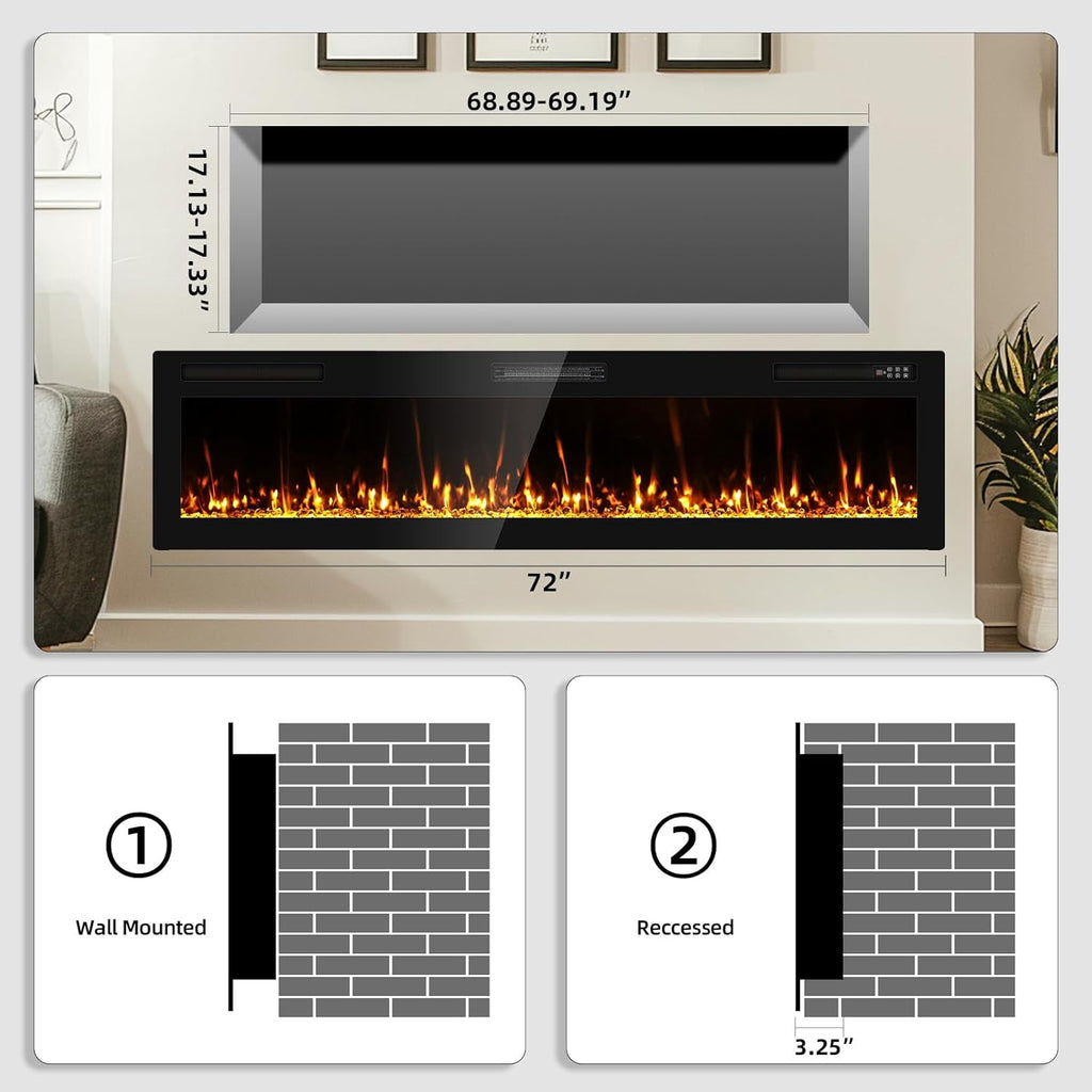 2025Upgraded 72” Recessed and Wall Mounted Electric Fireplace, Ultra Thin Narrow Beleze Fire Places with Remote Control, Screen Control,Adjustable Flame Colors and Speed