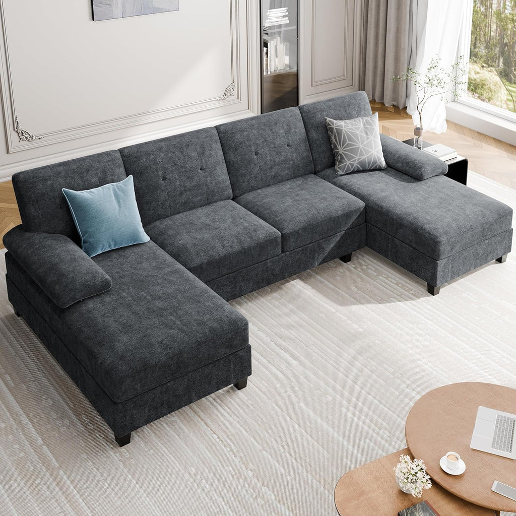 Shintenchi U-Shaped Sectional Couches for Living Room, 4 Seat Sofa with Double Chaise Lounges,Solid Wood Frame Sectional Sofa for Apartment