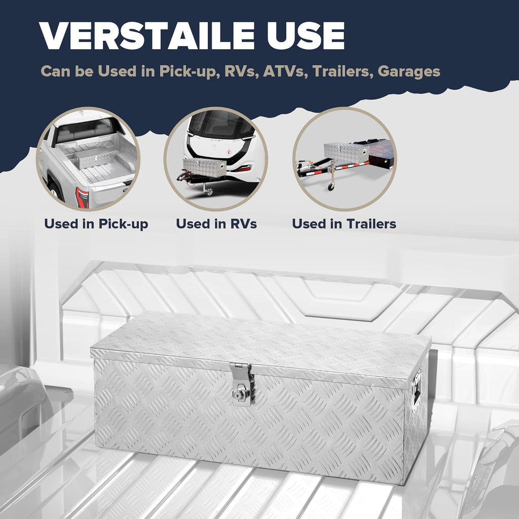 ARKSEN 30" Heavy Duty Aluminum Truck Bed Tool Box, 5-Bar Tread Plate Pickup Truck Storage Toolbox with Side Handles, Lock & 2 Keys, Weather Resistant Tool Chest for Truck, RV, Trailer - Silver