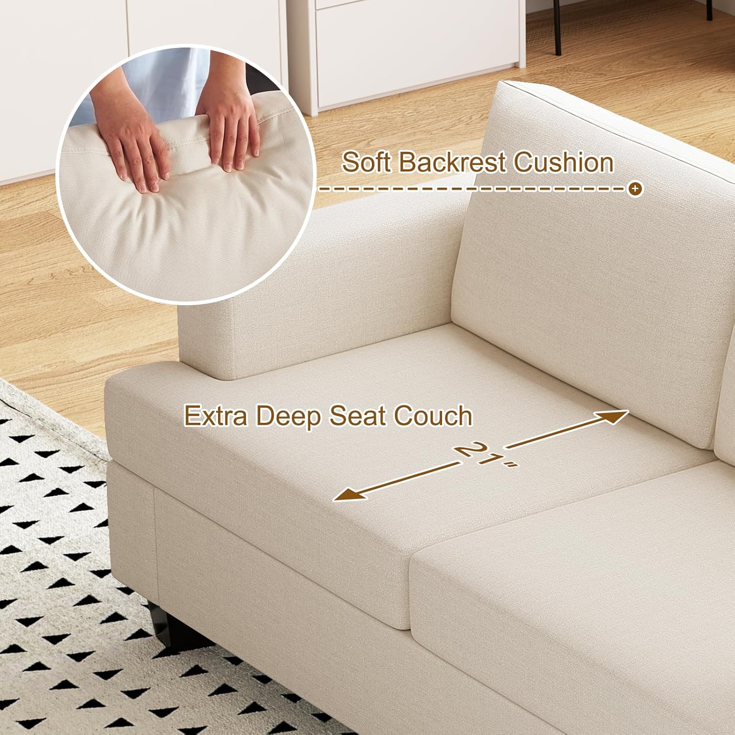 Furnimart 85 inch Deep Seat Sofa, Modern 3 Seater Couch, Beige Linen Sofa, Comfy Cloud Couch for Living Room, Cozy Fluffy Sofas with Removable Sofa Cover, Small Couches for Small Spaces