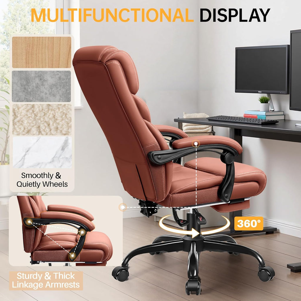 Office Chair, Executive Big and Tall Leather Desk Chairs with Footrest, Ergonomic Breathable Computer Chair with Adjustable High Back, Lumbar Support Swivel PC Chairs with Rocking Function