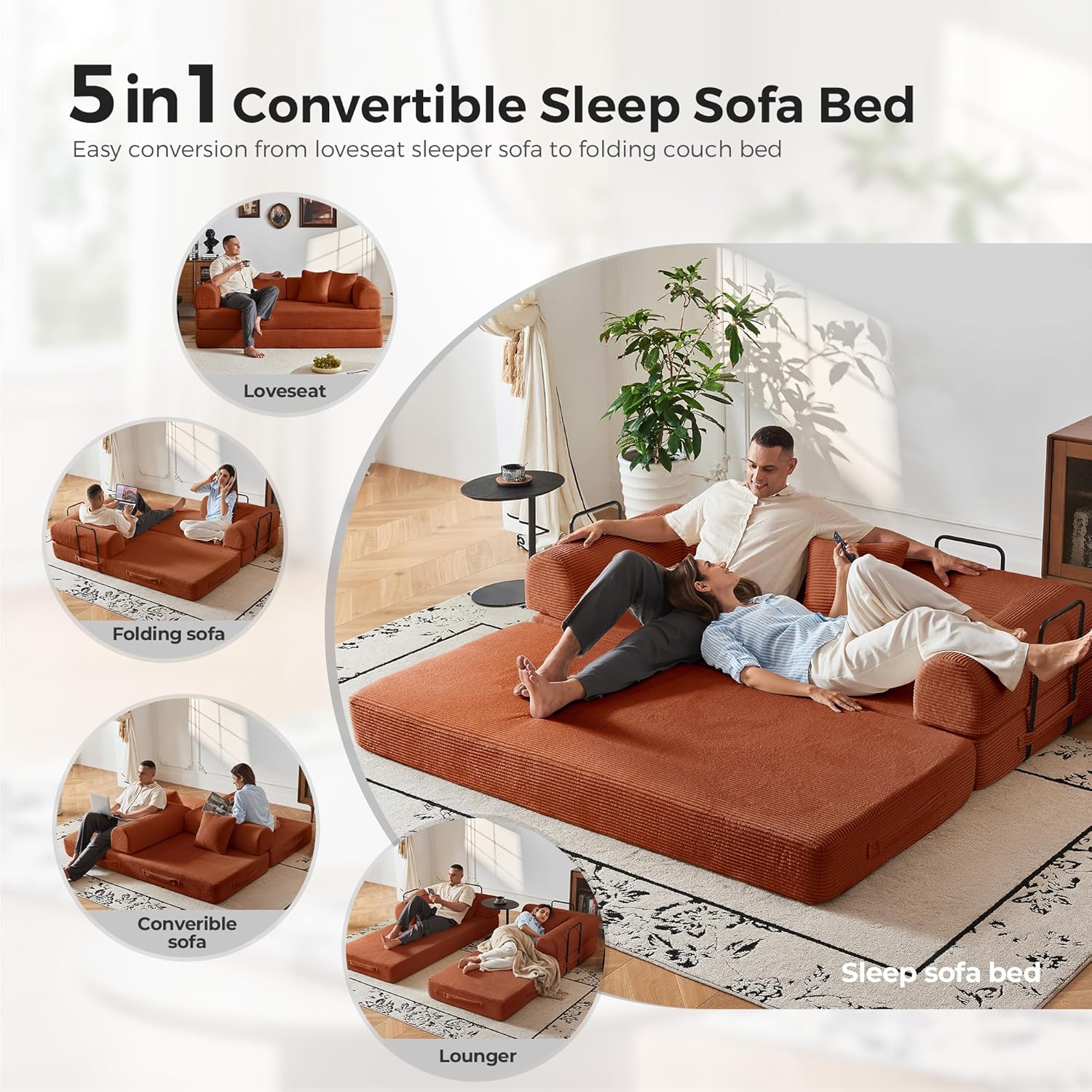 79'' Convertible Sofa Bed, 5-in-1 Folding Corduroy Sleeper Couch with Pull Out Bed, Oversized Modular Floor Sofa, No Assembly, Space-Saving Guest Bed for Apartment Living Room Bedroom (Orange) | Convertible Sofa Bed