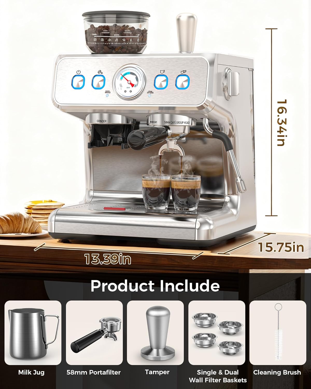 20 Bar Espresso Machine with Grinder & Milk Frother Steam Wand, 58mm Expresso Coffee machines, Stainless Steel Coffee Maker for Cappuccino and Latte, Perfect for Home and Café Use