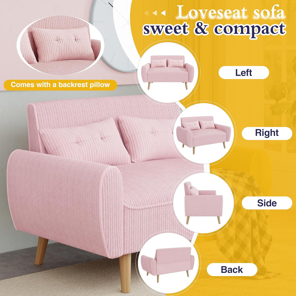 JAMFLY Pink Loveseat Sofa, 47.2'' Modern Small Space Sofa Set, High Density Sponge, Linen, Wood, 350 lbs Capacity