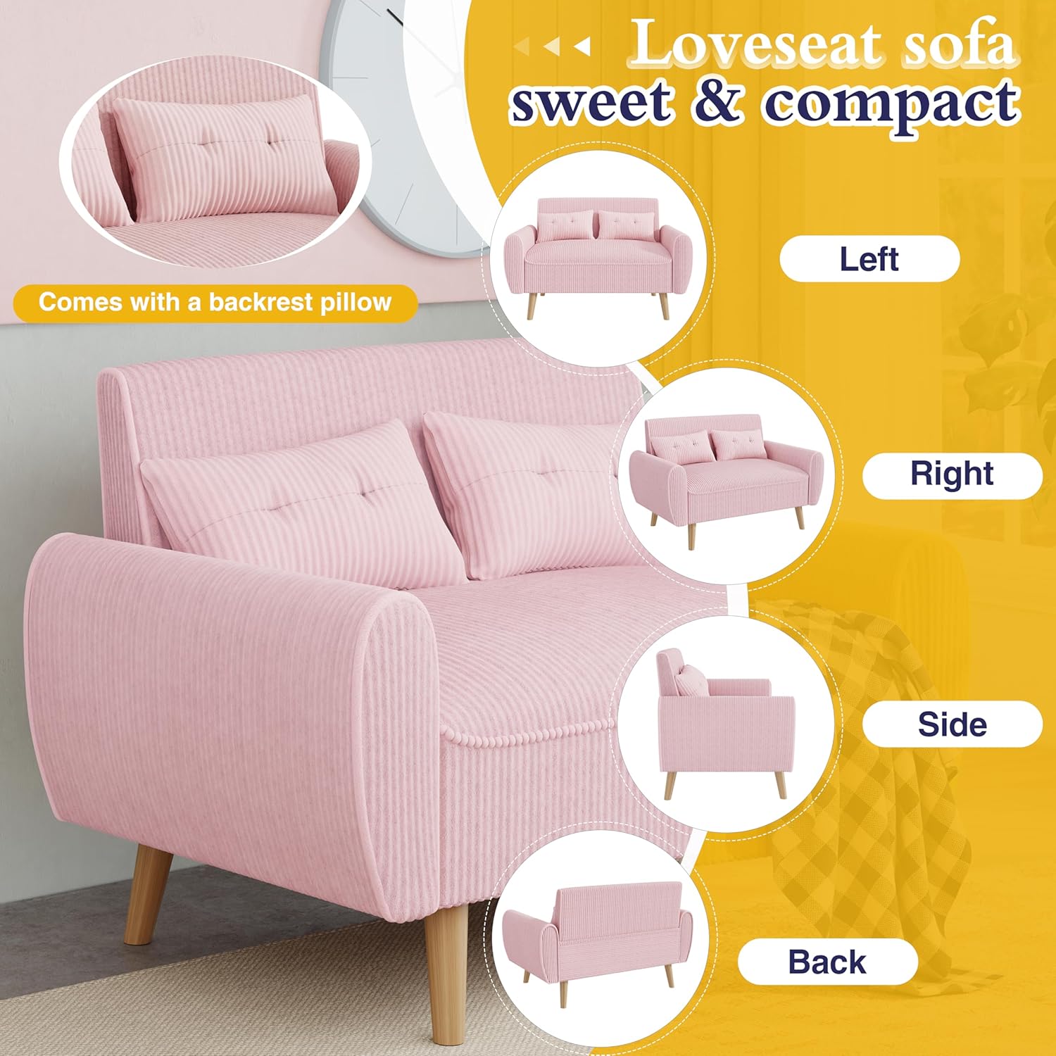 JAMFLY Pink Loveseat Sofa, 47.2'' Modern Small Space Sofa Set, High Density Sponge, Linen, Wood, 350 lbs Capacity