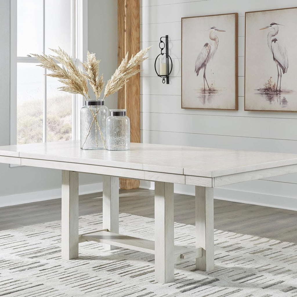Signature Design by Ashley Robbinsdale Casual Removable Center Leaf Dining Extension Table with Trestle Base, Wood, Ash Veneer, Tabletop with Planked Effect, 2 Removable Center Leaves, Seats 8, White