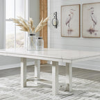 Signature Design by Ashley Robbinsdale Casual Removable Center Leaf Dining Extension Table with Trestle Base, Wood, Ash Veneer, Tabletop with Planked Effect, 2 Removable Center Leaves, Seats 8, White