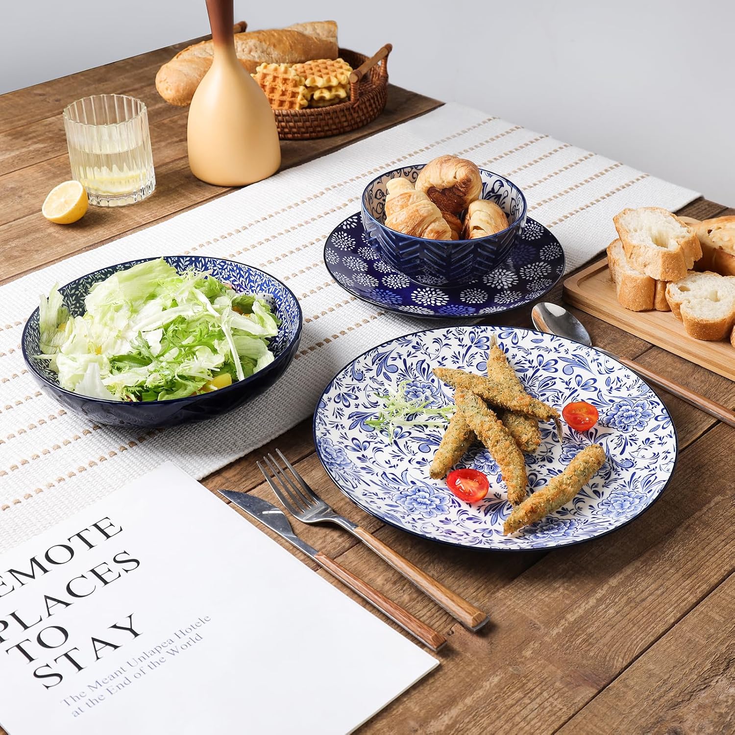 Selamica Dinnerware Sets 16 Piece, Ceramic Plates and Bowls Set, Embossed Dishes Set for 4, Housewarming, Dark Blue