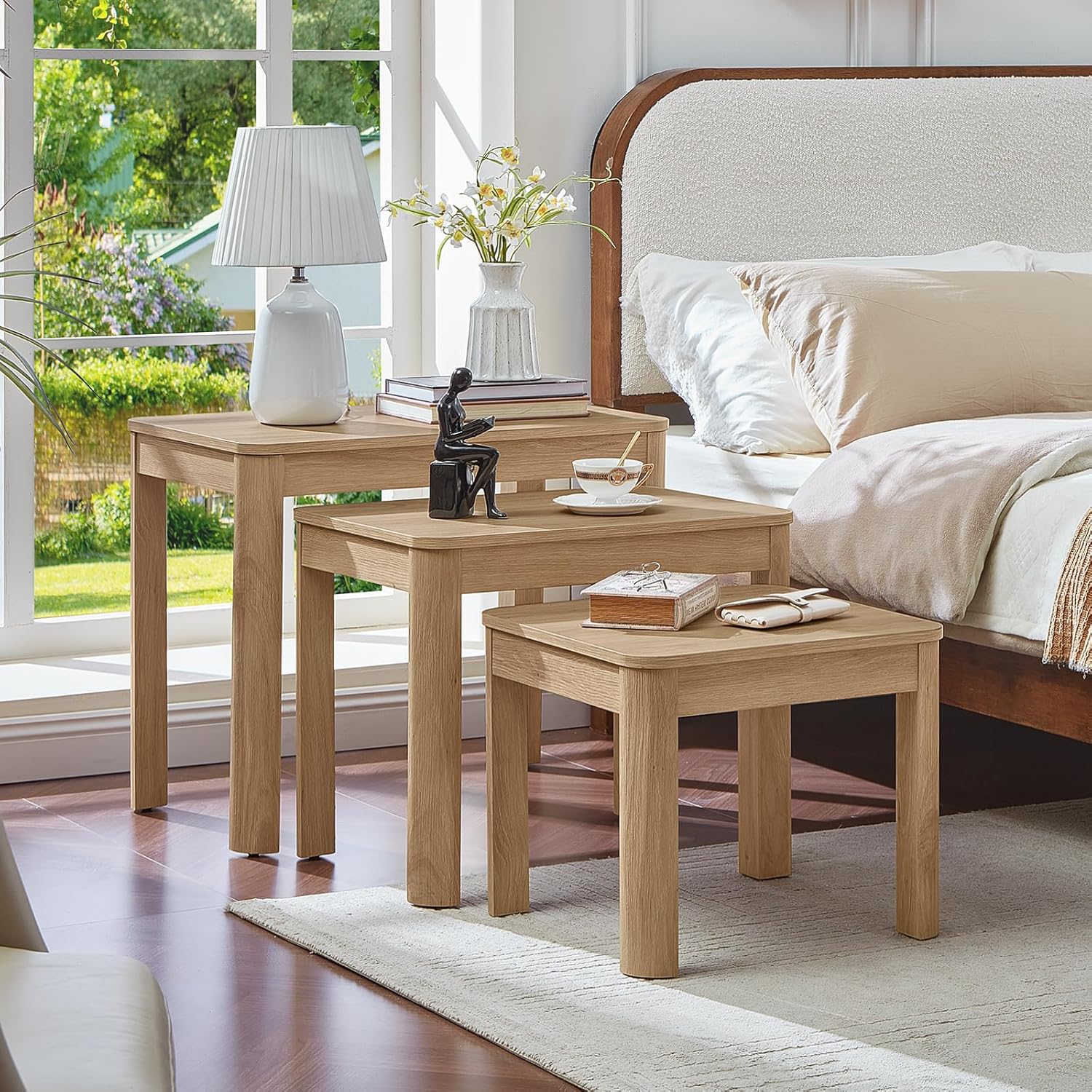 Joaxswe Farmhouse Nesting Tables Set of 3, Living Room Table Set with Rounded Corners & 4 Thickened Table Legs, Natural Wood