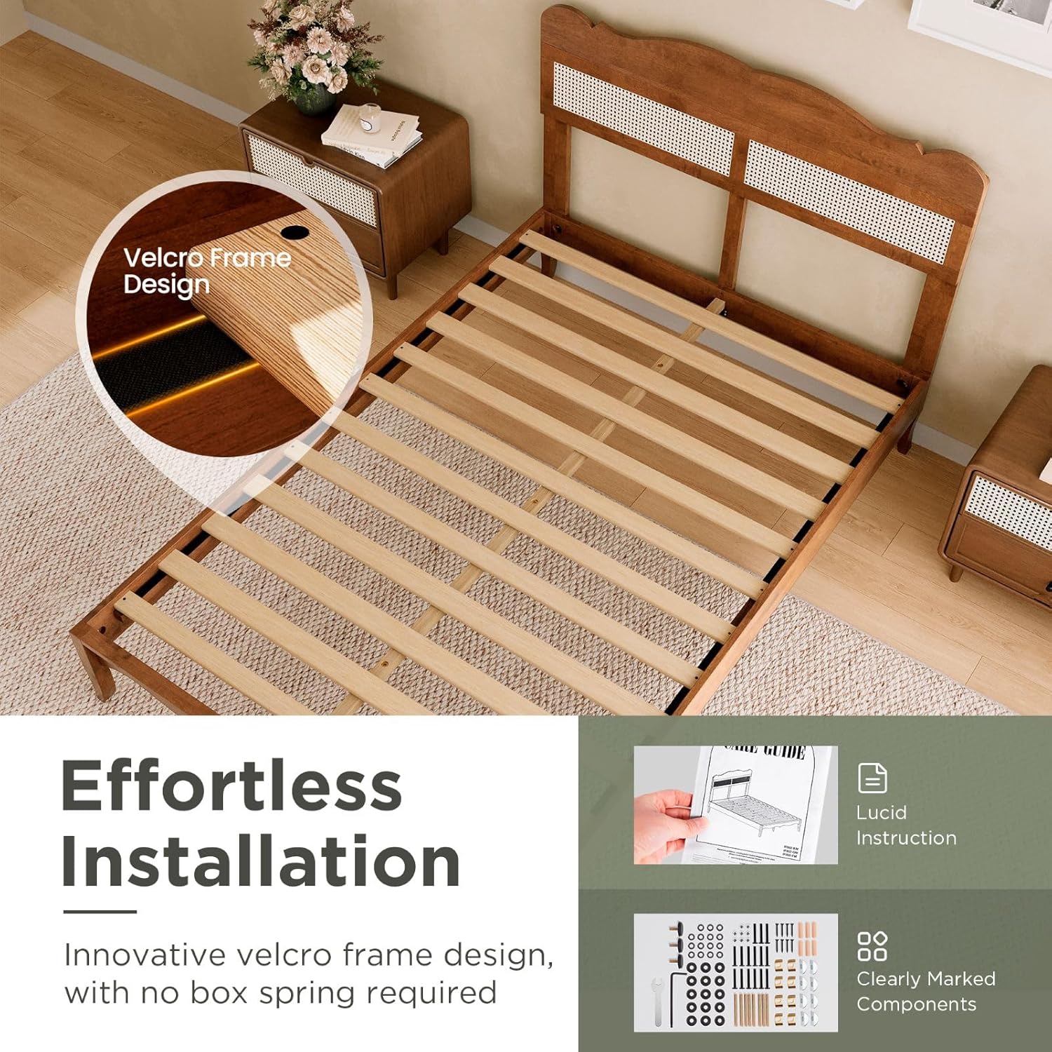Sophia & William Rattan Bed Frame Full Size, Wood Bed Frame with Adjustable Headboard, Solid Wood Slats Support, Brown