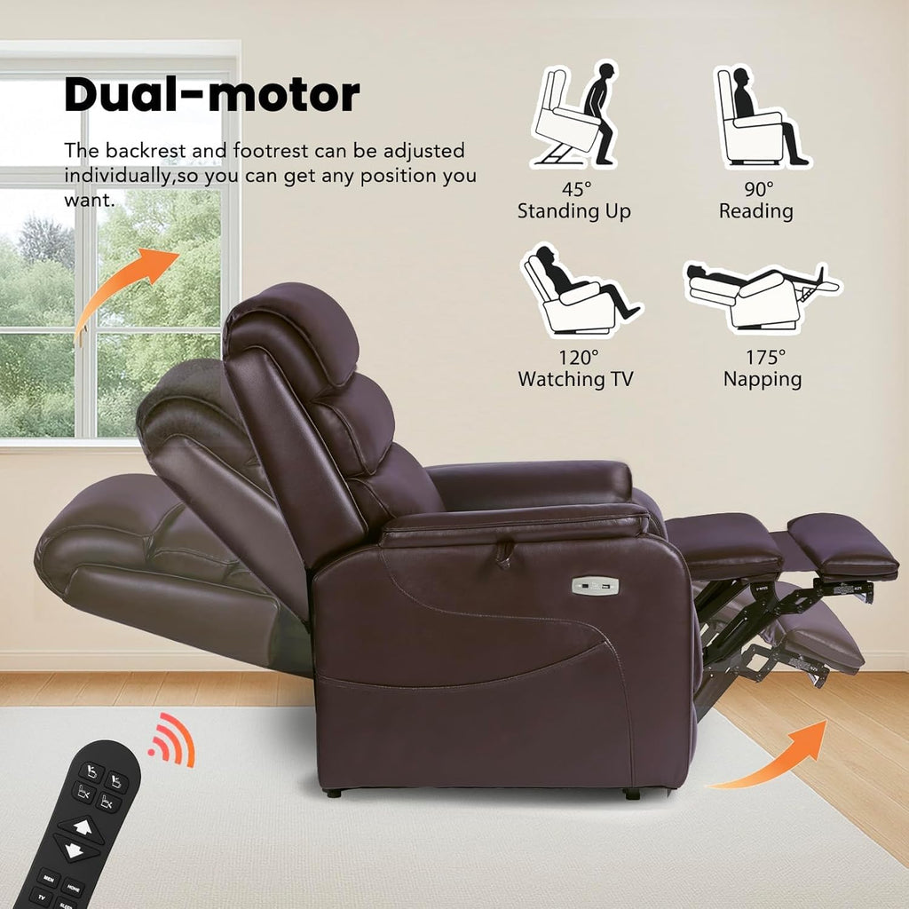 EONIX Clearance Dual Motor Lay Flat Power Lift Recliner Chair for Elderly with Heat and Massage, Electric Leather Lift Chair with Charging Ports, FSC Oeko 400lbs Heavy Duty, SLRY003061, Dark Brown