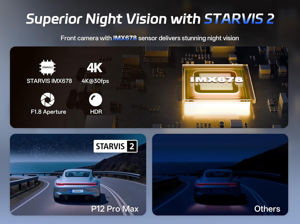 Pelsee 4K+2.5K Mirror Dash Cam with Front Starvis 2 IMX678 & Rear IMX335  12" Rear View Mirror Camera  Color Night Vision  5.8GHz WiFi  ADAS & BSD  Included OBD Hardwire Kit  128GB Card  P12 Pro Max