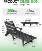 Chaise Lounge Outdoor, Lounge Chair Outdoor with Wood Texture, Adjustable 5-Position Backrest, HDPE Lounge Chair with Wheels & Cup Holder for Pool Deck Backyard, Black