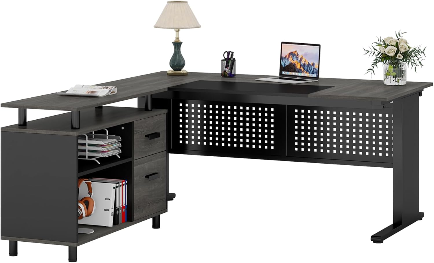 Tribesigns 63 Inch Executive Desk with File Cabinet, L Shaped Office Desk with Drawers and Storage Shelves, Business Furniture Set Workstation for Home Office, Gray and Black