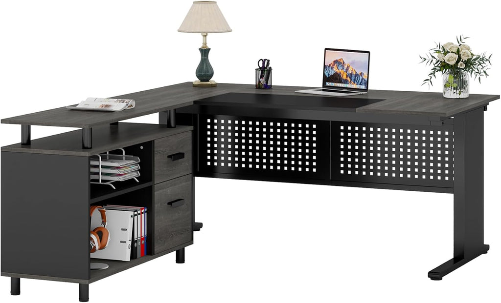 Tribesigns 63 Inch Executive Desk with File Cabinet, L Shaped Office Desk with Drawers and Storage Shelves, Business Furniture Set Workstation for Home Office, Gray and Black