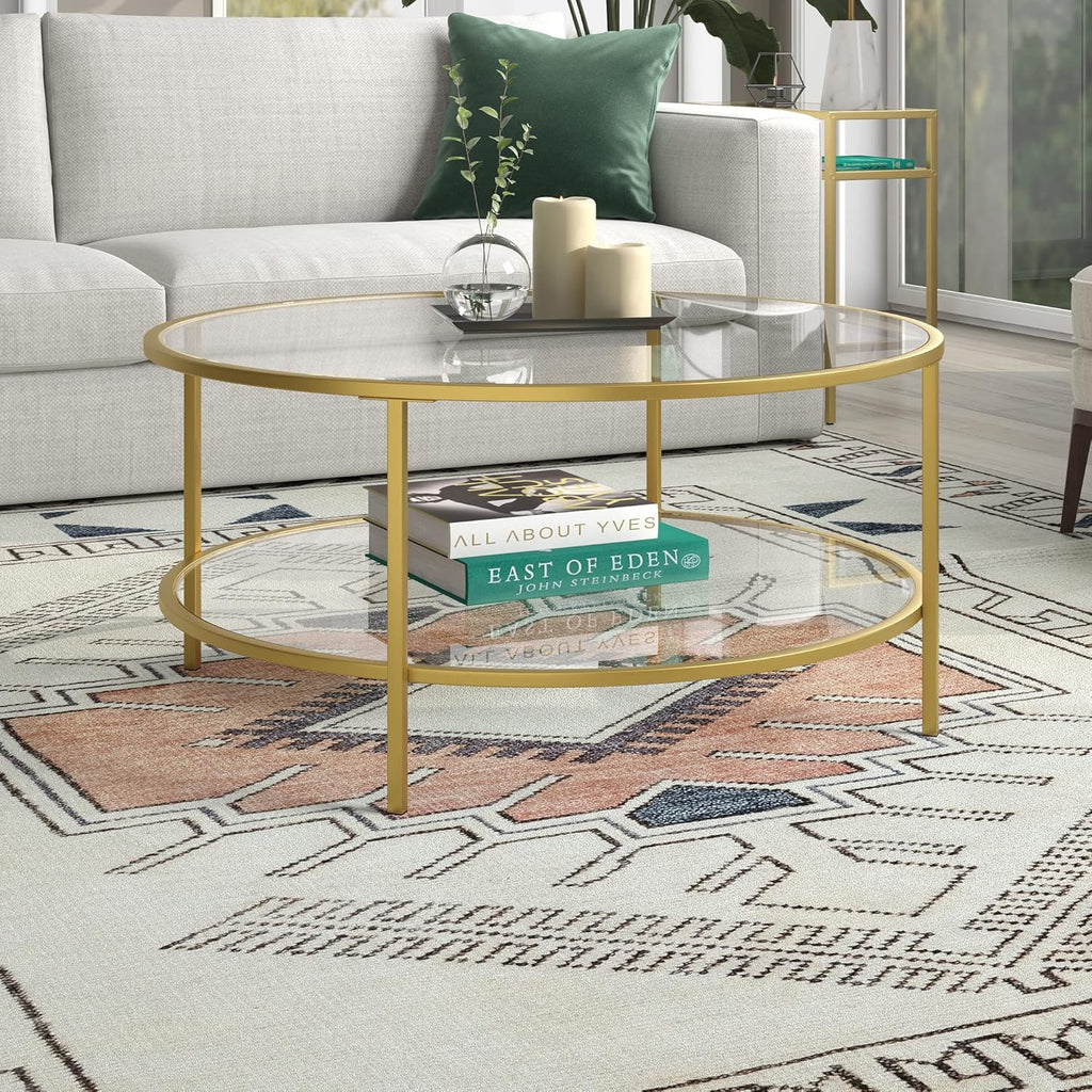 Henn&Hart 36" Wide Round Coffee Table with Glass Top in Brass, Round Coffee Table for living room, studio apartment essentials