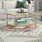 Henn&Hart 36" Wide Round Coffee Table with Glass Top in Brass, Round Coffee Table for living room, studio apartment essentials