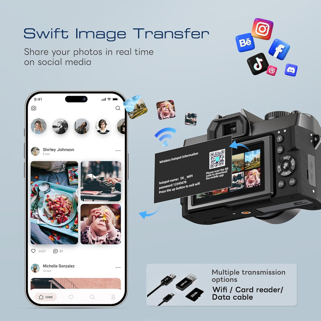 5K&64MP Digital Cameras for Photography&Video  Vlogging Camera for YouTube  Compact Camera with 64GB TF Card  WiFi and Wide-Angle & Macro Len  AUTOFOCUS 16X Zoom for Entry-Level User  Beginners（Black）